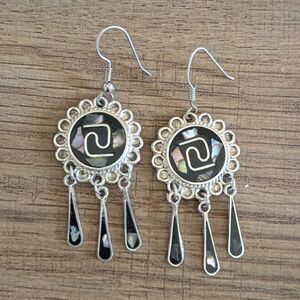 Mexican Alpaca Earrings Black Enamel and Abalone